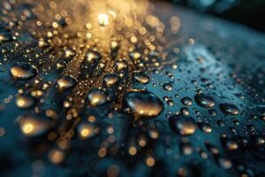 AI generated Raindrops on a dark background with blur. Generated by artificial intelligence photo