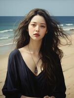 AI generated Woman Standing on Beach by Ocean photo