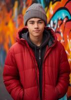 AI generated Young Man Standing in Front of Graffiti Wall photo