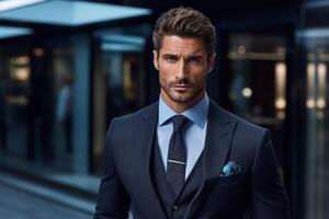 AI generated Businessman in Suit and Tie Walking Down Urban Street photo