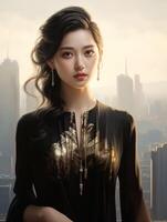 AI generated Woman Standing in Front of City Skyline photo