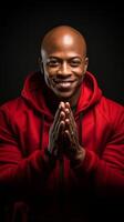 AI generated Smiling Man in Red Hoodie Holding Hands Together photo