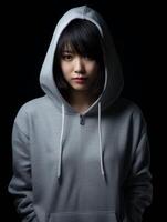 AI generated Woman in Grey Hoodie Against Black Background photo