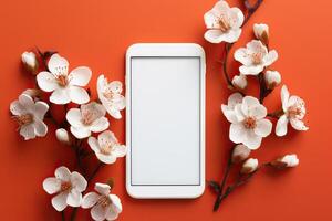 AI generated White smartphone mockup on a red background with a flowering branch. Device screen mockup. Generative AI photo