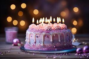 ai generado lila cumpleaños pastel con velas cumpleaños concepto. generado por artificial inteligencia foto