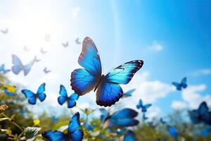 ai generado azul mariposas mosca terminado un campo en contra un azul cielo. generado por artificial inteligencia foto