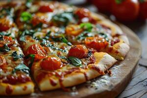 AI generated Large vegetarian pizza with cherry tomatoes and herbs on a wooden tray. Generated by artificial intelligence photo