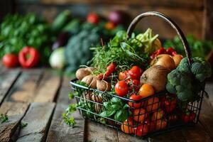 AI generated Basket with farm vegetables on an old wooden table. Generated by artificial intelligence photo