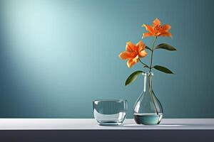 AI generated Orange lilies in a glass vase against a blue wall. Minimalism. Generated by artificial intelligence photo