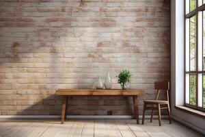 AI generated Modern living room in loft style with a wooden table and a wood shelf. Generated by artificial intelligence photo