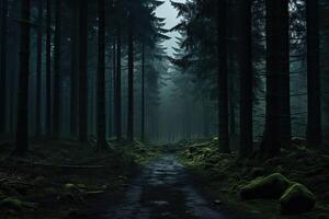 AI generated Gloomy and dark forest path in thick fog. Generated by artificial intelligence photo