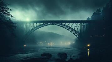 AI generated A beautiful arched bridge over a river in the fog against a dark sky. Generated by artificial intelligence photo