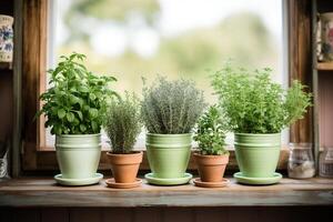 AI generated Basil, rosemary, thyme in old pots on a wooden shelf. Generated by artificial intelligence photo