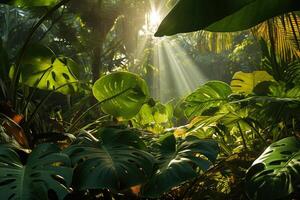 AI generated Beautiful view of a tropical forest with sun rays. Generated by artificial intelligence photo