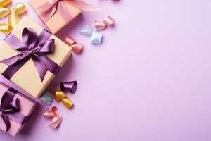 AI generated Congratulatory background with purple gift box, gold ribbon and space for text on the left. Generated by artificial intelligence photo