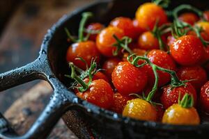 AI generated Ripe cherry tomatoes in a frying pan. Generated by artificial intelligence photo
