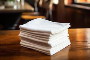 AI generated A stack of white clean napkins in a cafe on a wooden table. Generated by artificial intelligence photo