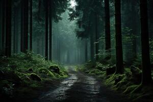 AI generated A path in the middle of a dense foggy forest. Generated by artificial intelligence photo