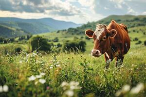 AI generated Red cow in a field with tall green grass on a sunny day. Generated by artificial intelligence photo