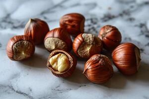 AI generated Horizontal banner with hazelnuts on a marble tabletop. Healthy snack. Generated by artificial intelligence photo