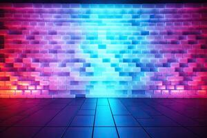 AI generated Brick wall with bright neon lighting. Generated by artificial intelligence photo