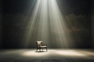 AI generated Empty chair in a dark room in the rays of a spotlight. Generated by artificial intelligence photo