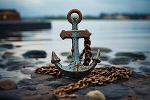 AI generated An old rusty anchor lies on the pebble shore. Generated by artificial intelligence photo