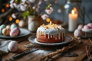 ai generado Pascua de Resurrección pastel con decorado huevos y velas, sauce en un florero en un de madera mesa. generativo ai foto