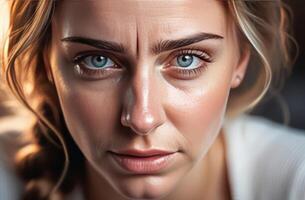 AI Generated Close-up of a sorrowful Caucasian woman expressing pain and grief, looking directly at the camera, selective focus photo