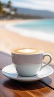 AI Generated Cup of coffee on white saucer on beach bar counter, blue sky, white oceanic sand, light blurred background, selective focus, copy space photo