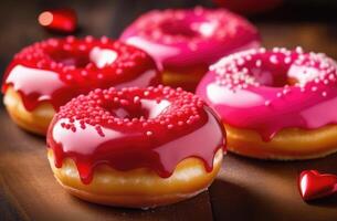 AI generated Donuts decorated red, pink icing, sugar sprinkles on wooden background. Valentine Day concept greeting card. Delicious dessert, pastry and bakery element. photo