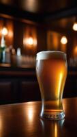 AI generated Beer glass on the bar counter. blurred moody dark background, selective focus photo