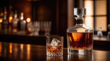 AI generated Glass of whiskey with ice, decanter of whisky at bar counter, blurred moody dark background, selective focus photo