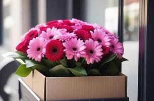 AI generated flower delivery service, a juicy bouquet of bright asters, roses and gerberas in delivery box for Mother's Day is front of the door. Love, romantic concept. Blurred background. photo