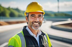 AI Generated Portrait of successful middle age Asian man civil engineer on blurred background of the new motorway, looking at camera. Confident manager wearing yellow helmet and safety vest. photo