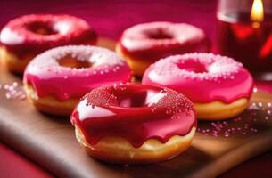 AI generated Donuts decorated red, pink icing, sugar sprinkles on wooden background. Valentine Day concept greeting card. Delicious dessert, pastry and bakery element. photo