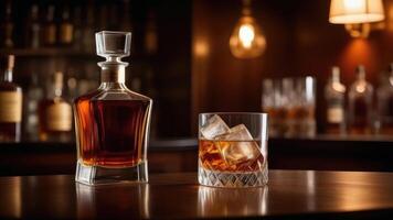 AI generated Glass of whiskey with ice, decanter of whisky at bar counter, blurred moody dark background, selective focus photo