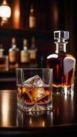 AI generated Glass of whiskey with ice, decanter of whisky at bar counter, blurred moody dark background, selective focus photo