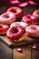 AI generated Donuts decorated red, pink icing, sugar sprinkles on wooden background. Valentine Day concept greeting card. Delicious dessert, pastry and bakery element. photo
