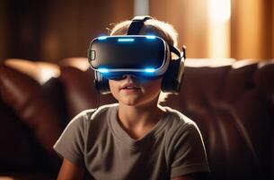 ai generado un niño en un vr casco interactúa con virtual caracteres y otro niños en virtual realidad, creando un atmósfera de jugar y comunicación foto