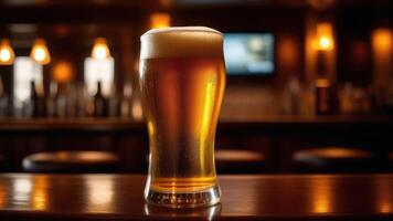 AI generated Beer glass on the bar counter. blurred moody dark background, selective focus photo