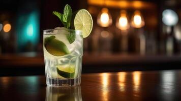 AI generated Glass of mojito cocktail decorated with lime at bar counter, blurred moody dark background, selective focus photo