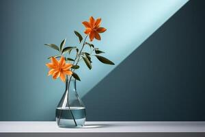 AI generated Orange lilies in a glass vase against a blue wall. Minimalism. Generated by artificial intelligence photo