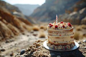 AI generated The birthday cake stands on stones against the backdrop of blurred mountains. Generated by artificial intelligence photo