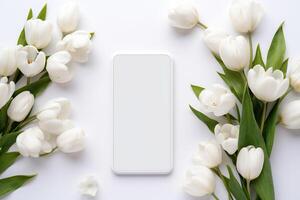 AI generated Smartphone mockup with white tulips. Smartphone screen mockup on white background for presentation or app design. Generative AI photo