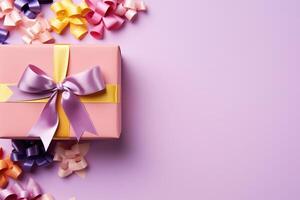 AI generated Congratulatory background with purple gift box, gold ribbon and space for text on the left. Generated by artificial intelligence photo