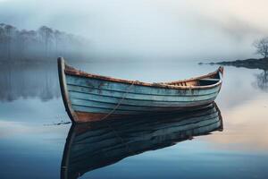 ai generado antiguo de madera barco en calma agua en el niebla. reflexión de un barco en el agua. generado por artificial inteligencia foto