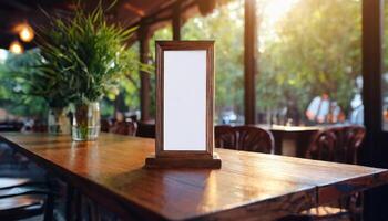 AI generated Menu frame mockup on wood table with blurred background photo