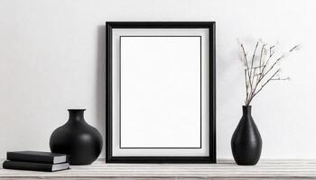 AI generated Empty Black frame mockup against a plain white wall photo