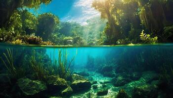 AI generated Beautiful above land and underwater scene in the rainforest, aquatic ecosystem photo